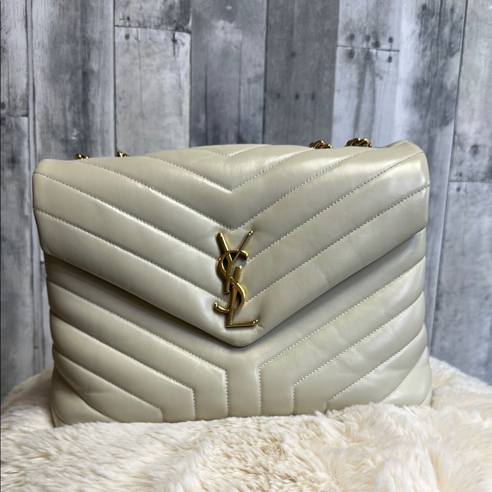 Yves Saint Laurent M Loulou Cream Quilted Shoulder Bag with Gold Logo